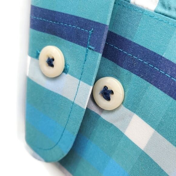 Peter Millar Blue & White Cotton Plaid Long Sleeve Collared Button Down Shirt - Picture 6 of 11